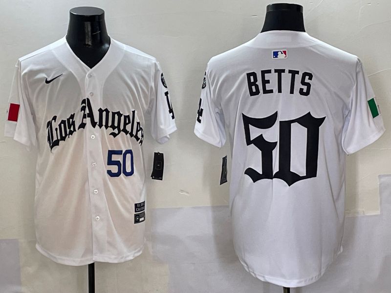 Men Los Angeles Dodgers #50 Betts White Five generations Joint Name 2025 Nike MLB Jersey style 3